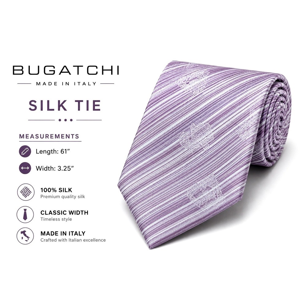 Bugatchi Mens Silk Tie Purple Lavender White Striped Jacquard  Italy 61"L 3.25"W